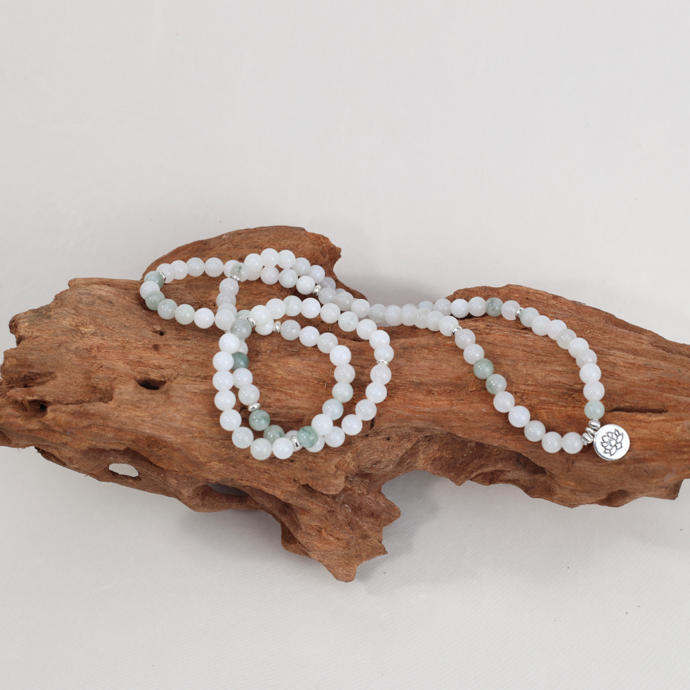 Bracelet Collier 108 Perles Mala - Jade Naturel Blanc