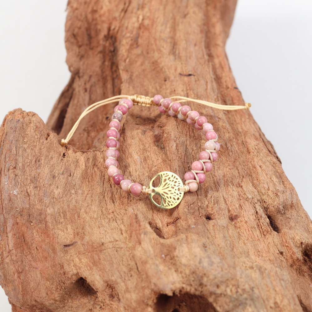 Bracelet à Breloques Arbre de vie de Eva - Pierre Naturelle de Rhodonite