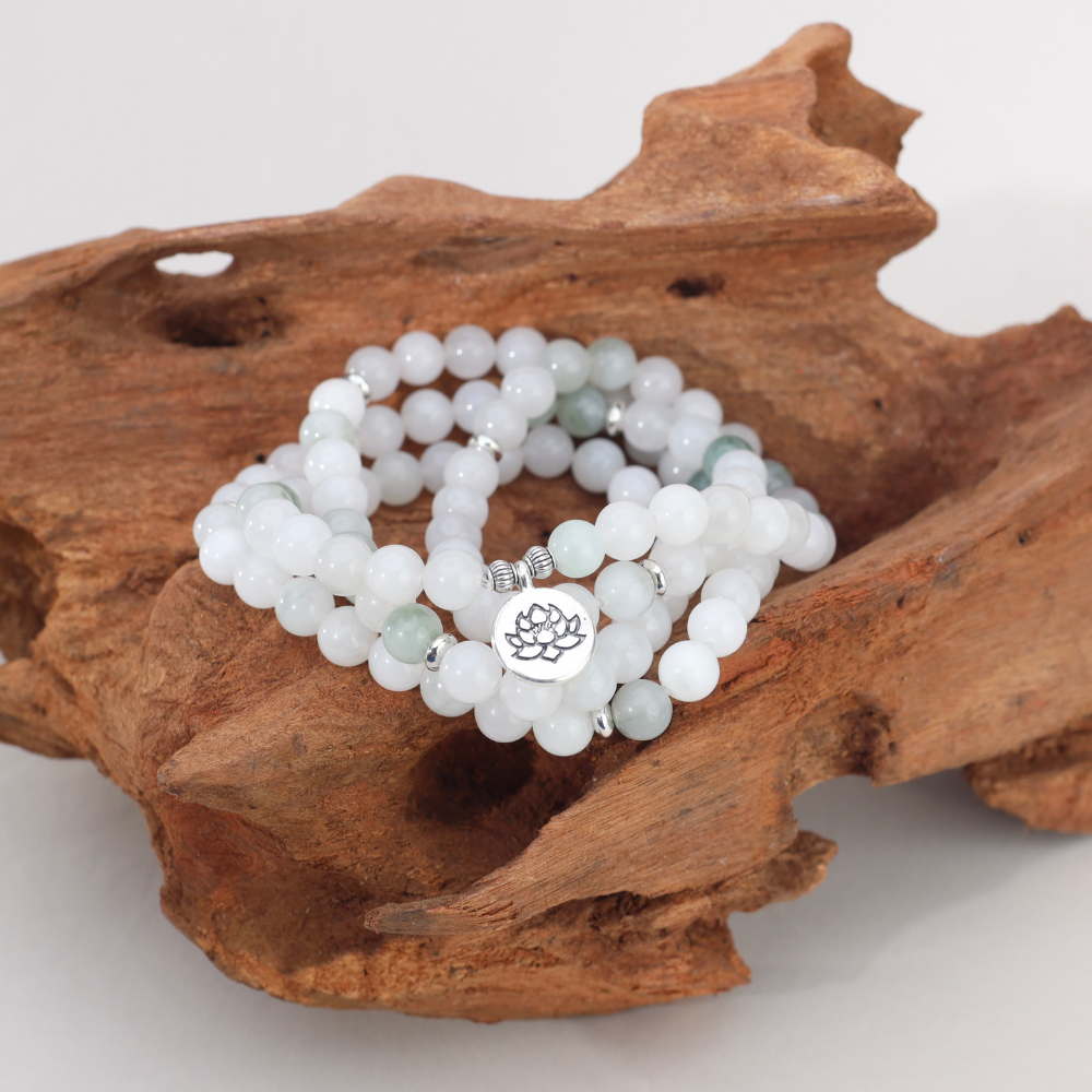 Bracelet Collier 108 Perles Mala - Jade Naturel Blanc