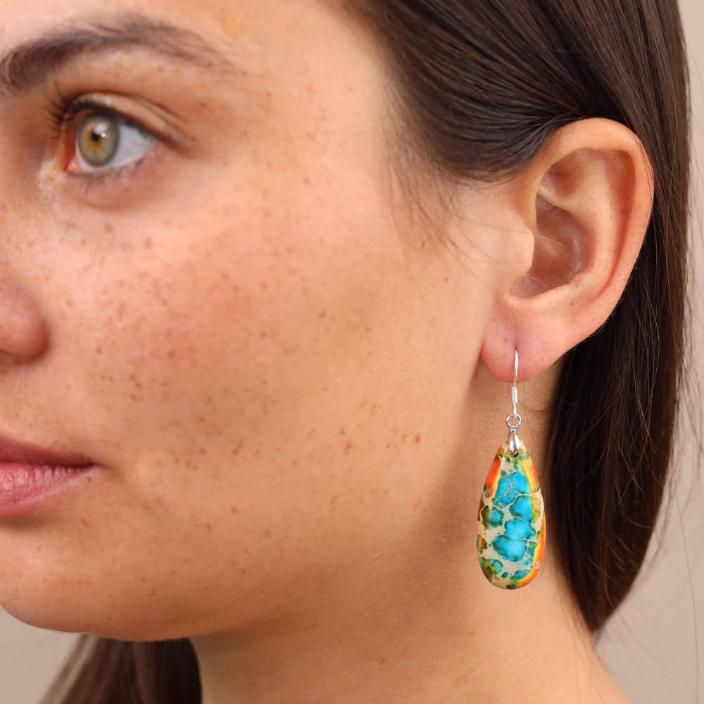 Boucles d'Oreilles Victoire - Pierre Naturelle de Jaspe Bleu Orangé