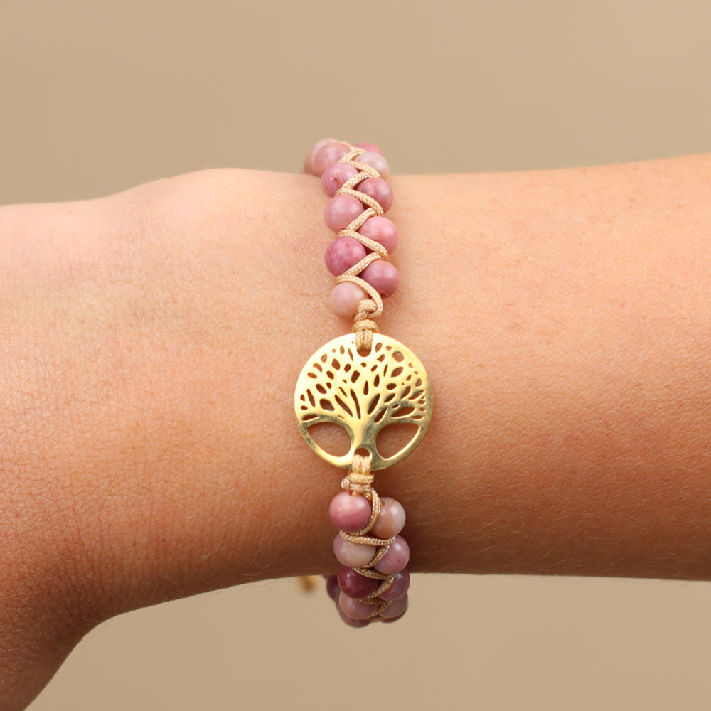 Bracelet à Breloques Arbre de vie de Eva - Pierre Naturelle de Rhodonite